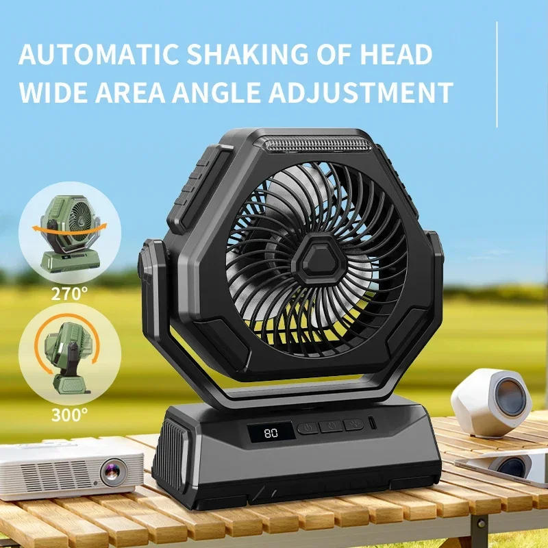 Ventilador recarregável com teto de cabeça agitável Ventilador oscilante, Ar condicionado portátil, Ventilador de acampamento ao ar livre, Refrigerador de ar com iluminação