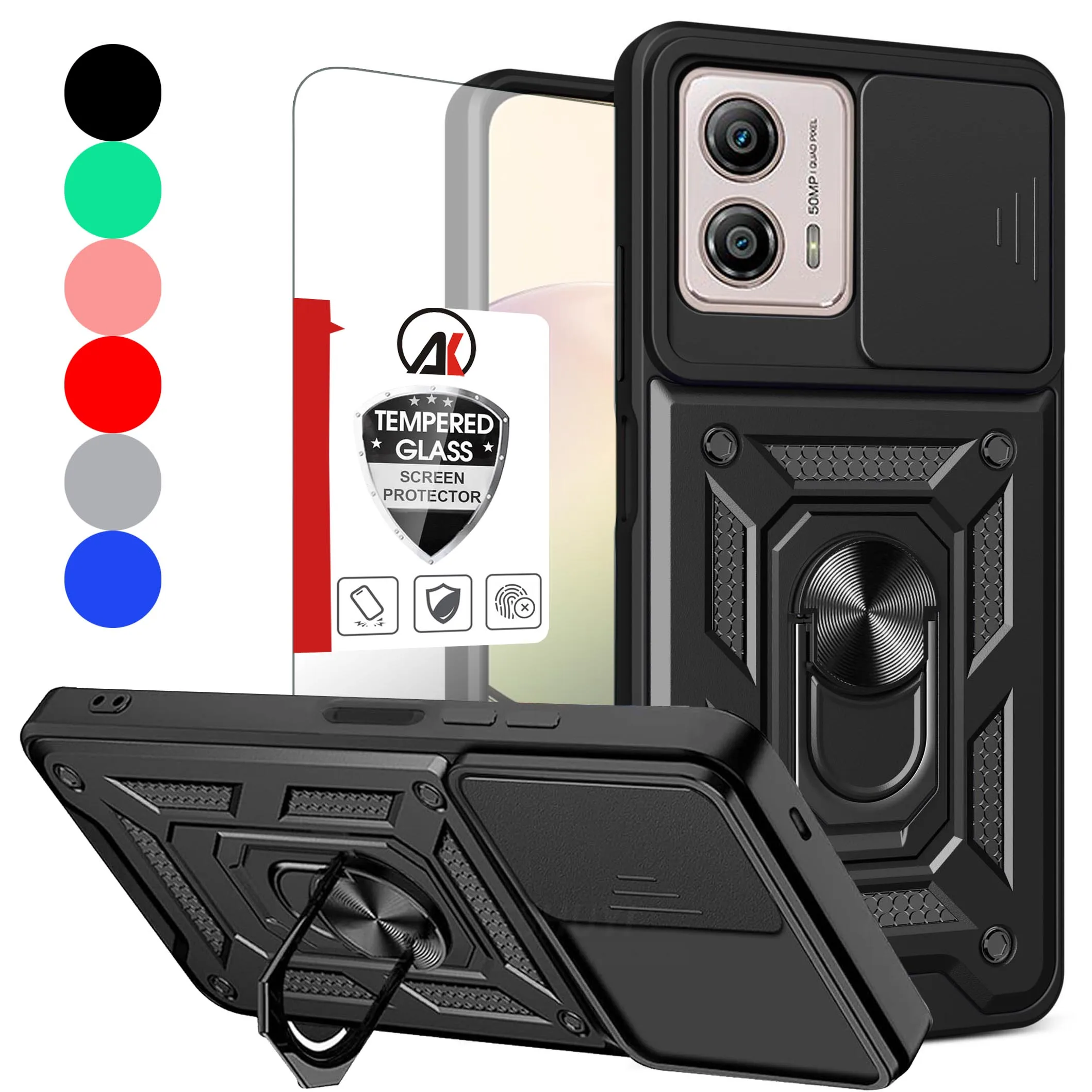 

For Motorola Moto E13 G13 G23 G53 G73 Shockproof Slide Camera Lens Armor Case Magnetic Car Holder Cover Stand+Tempered Glass