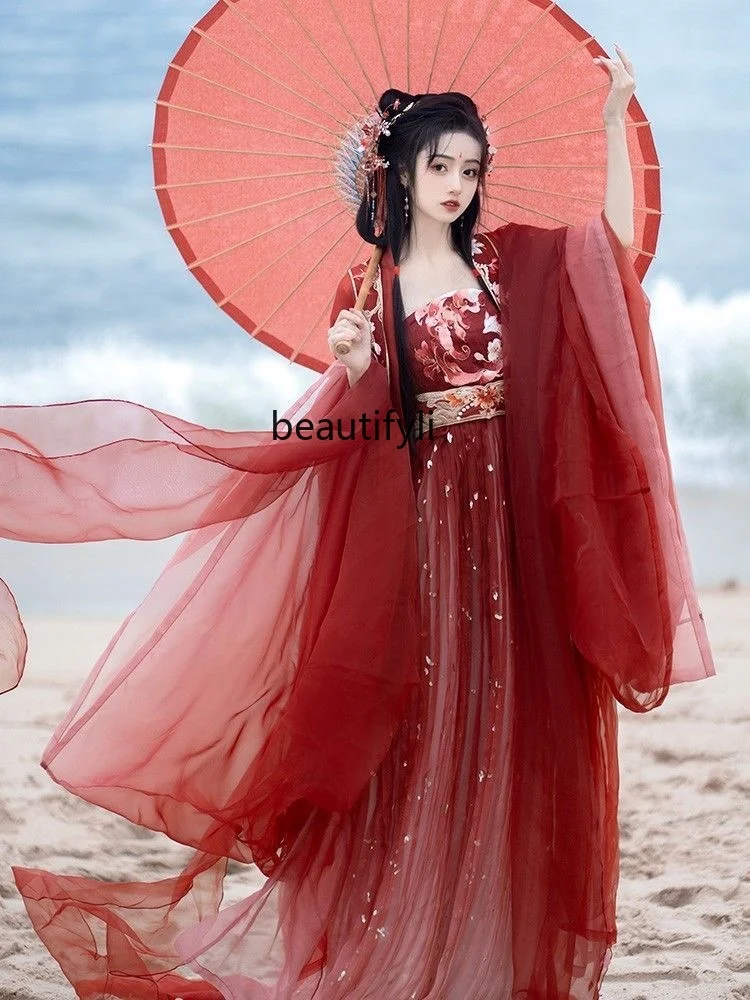 

Tang Hanfu Chinese Traditional Han Clothing Embroidered Cheerko Skirt Spring and Autumn Women's Suit Red