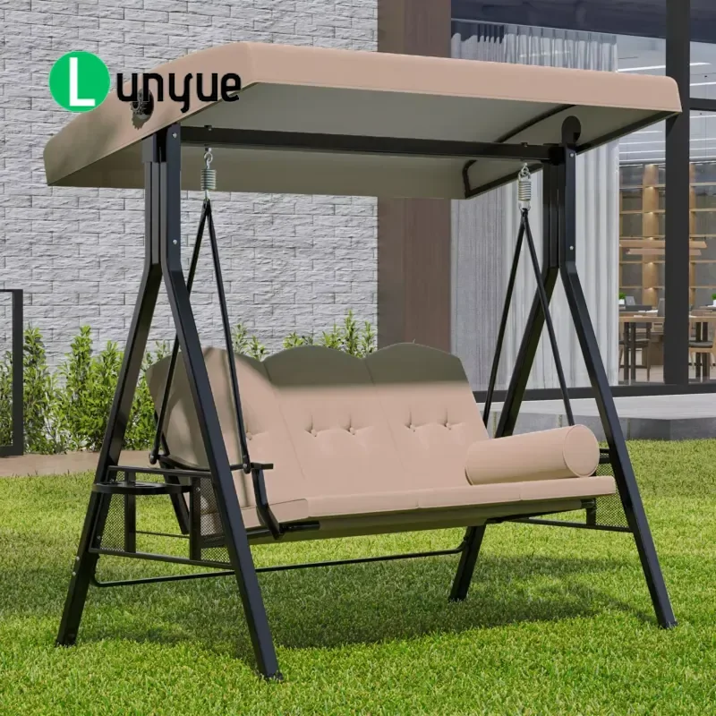 Triple Hanging Swing Chair Outdoor Garden Furniture Porch Terrace Swing with Canopy Comfortable Relaxing Shade