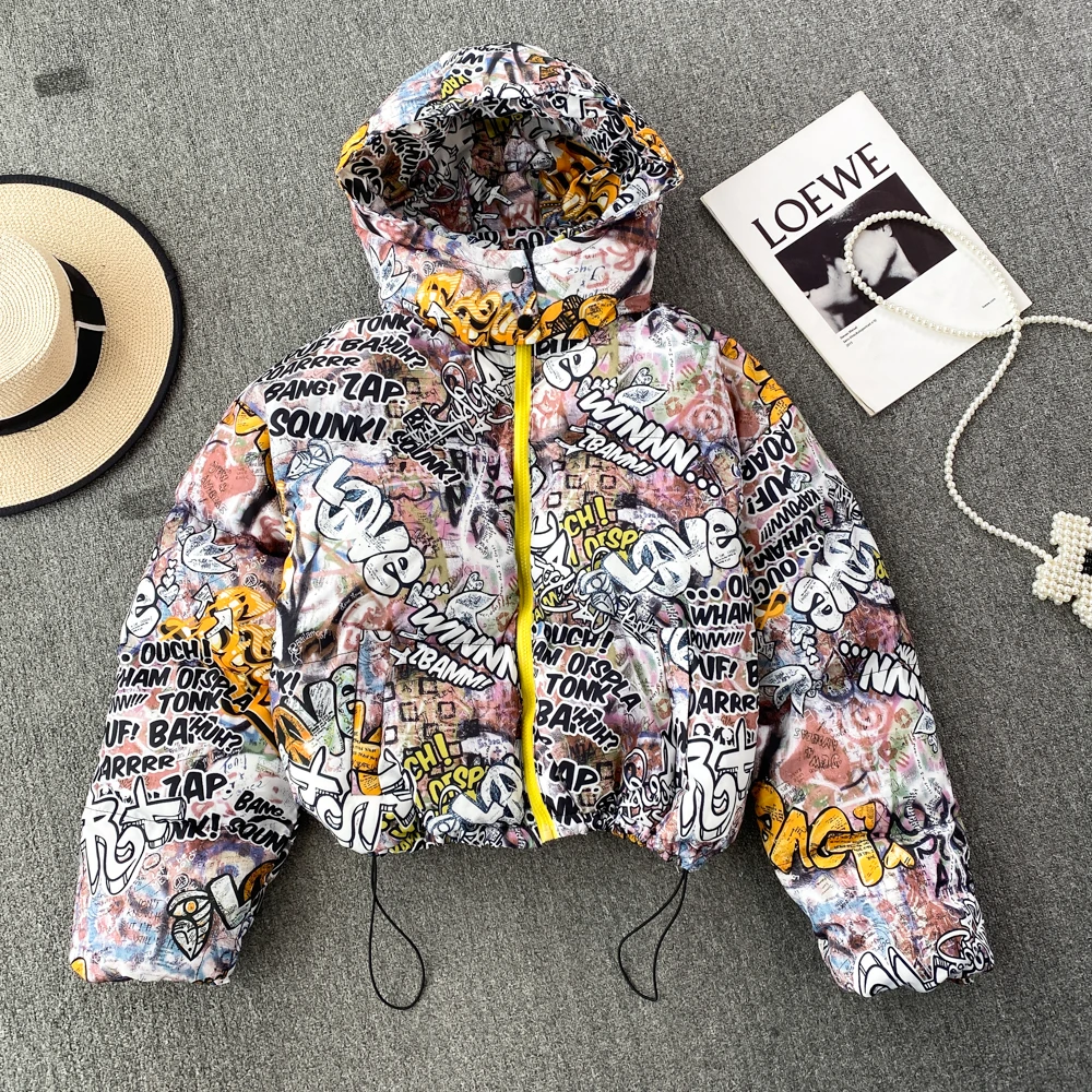 Winter Harajuku Rainbow Graffiti Printed Bomber Coat Thickened Cotton Padded Jacket Zipper Parka Cardigan Hooded Streetwear Tops