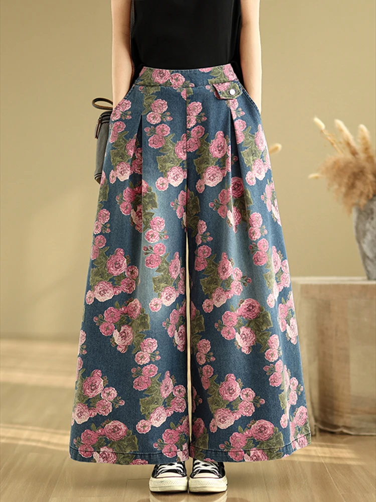Pantalon à jambes larges imprimé Vintage pour femmes, coupe ample, grande taille, taille élastique, Denim, mode printemps été 2025