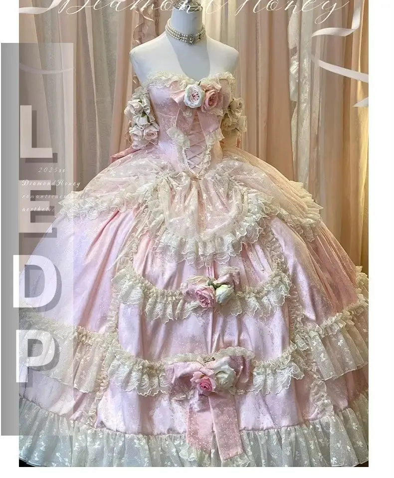 IMU Spring Sweet Lolita Off Shoulder Rose Patch X-Long Dress Pink Fairy Ball Gown Evening Large Size Gown Dress White