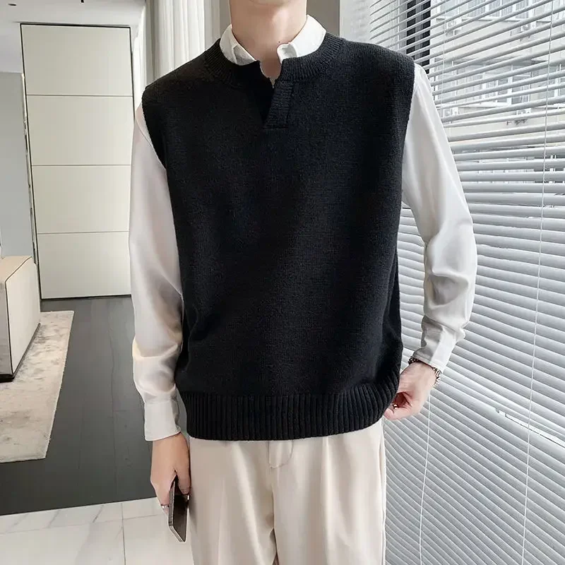 

Knitted Sweaters for Men Waistcoat Black Man Clothes V Neck Vest Plain Sleeveless Solid Color Elegant Korean Fashion 2024 Autumn