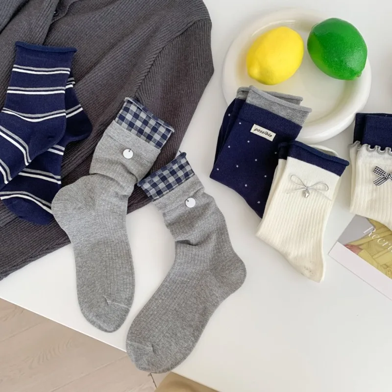 5 Pairs 2025 Fall Winter Women's Warm Socks Korean-Style Bow-Tie Striped Mid-Calf Cotton Women Socks White Socks High Quality