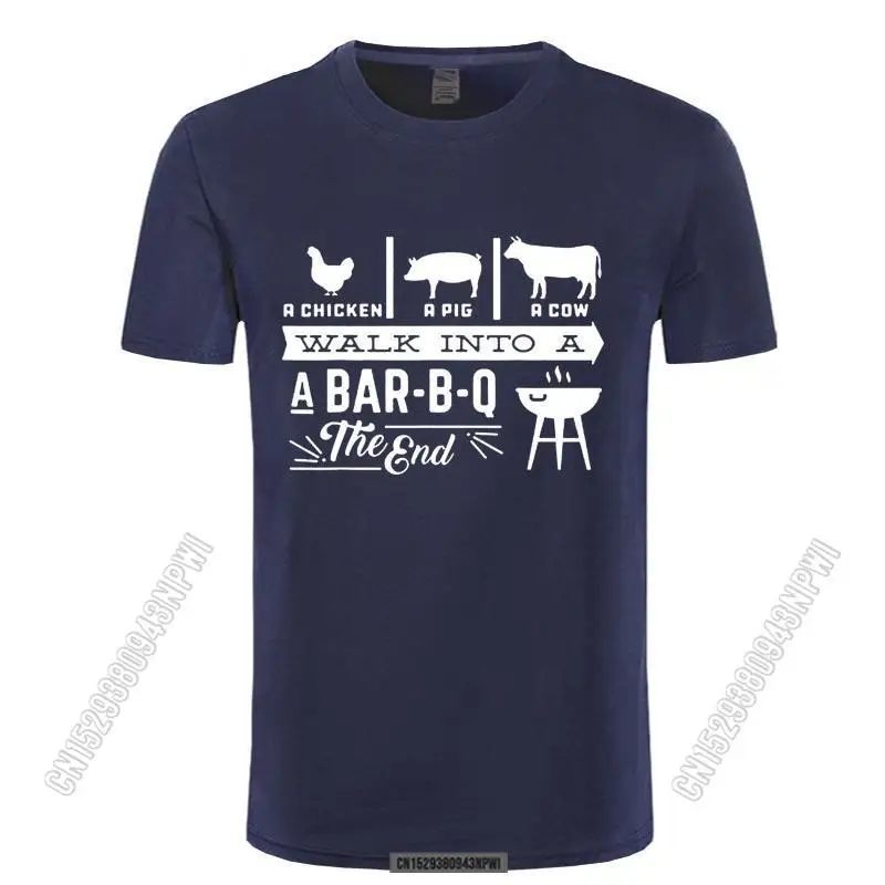 

A Chicken Pig Cow Walk Into Barbecue Bbq Funny T Shirts Men August Cotton Harajuku Crew Neck Streetwear Black T-Shirt