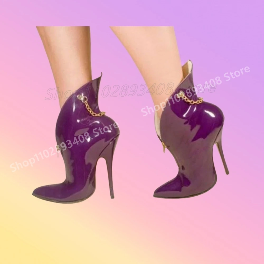 

Purple Shiny Back Chain Ankle Boots Pointy Toe Front Zipper Stiletto High Heel Runway Fashion Sexy Women Shoes 2025 Para Mujere