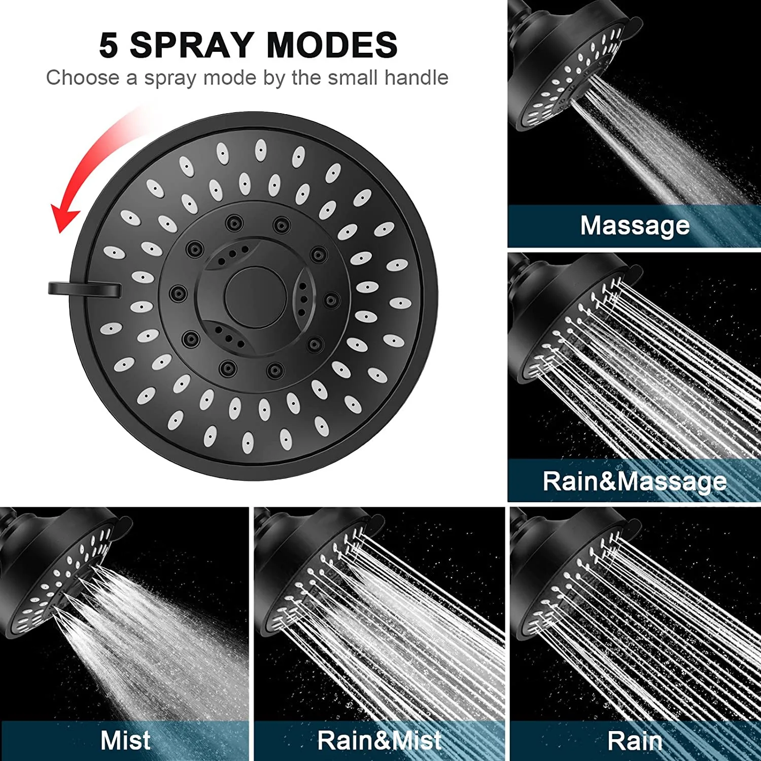 4 Inch Shower Head ABS Plastic Material High Pressure Shower Top Spray Wall Mounted 5 Spray Modes
