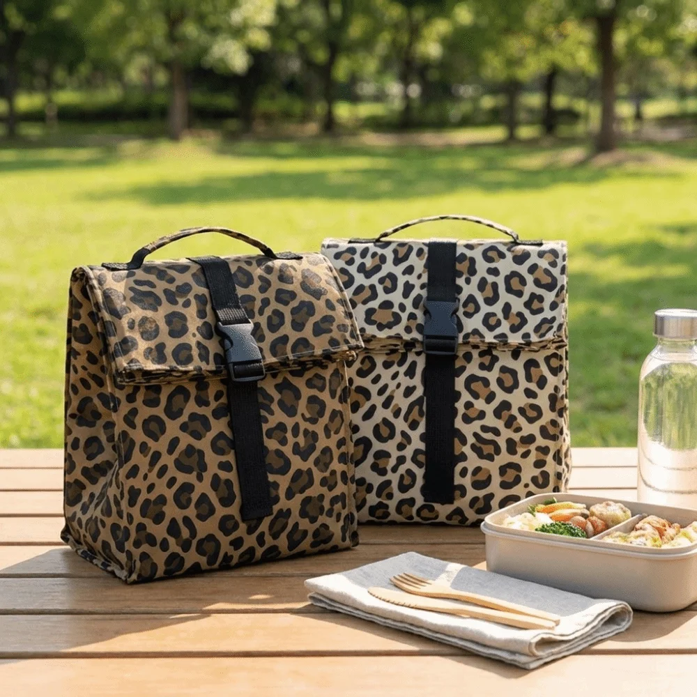Leakproof Leopard Print Insulated Lunch Bag Flip Top Waterproof Thermal Cooler Bag Portable Large Capacity Food Carrier Bag
