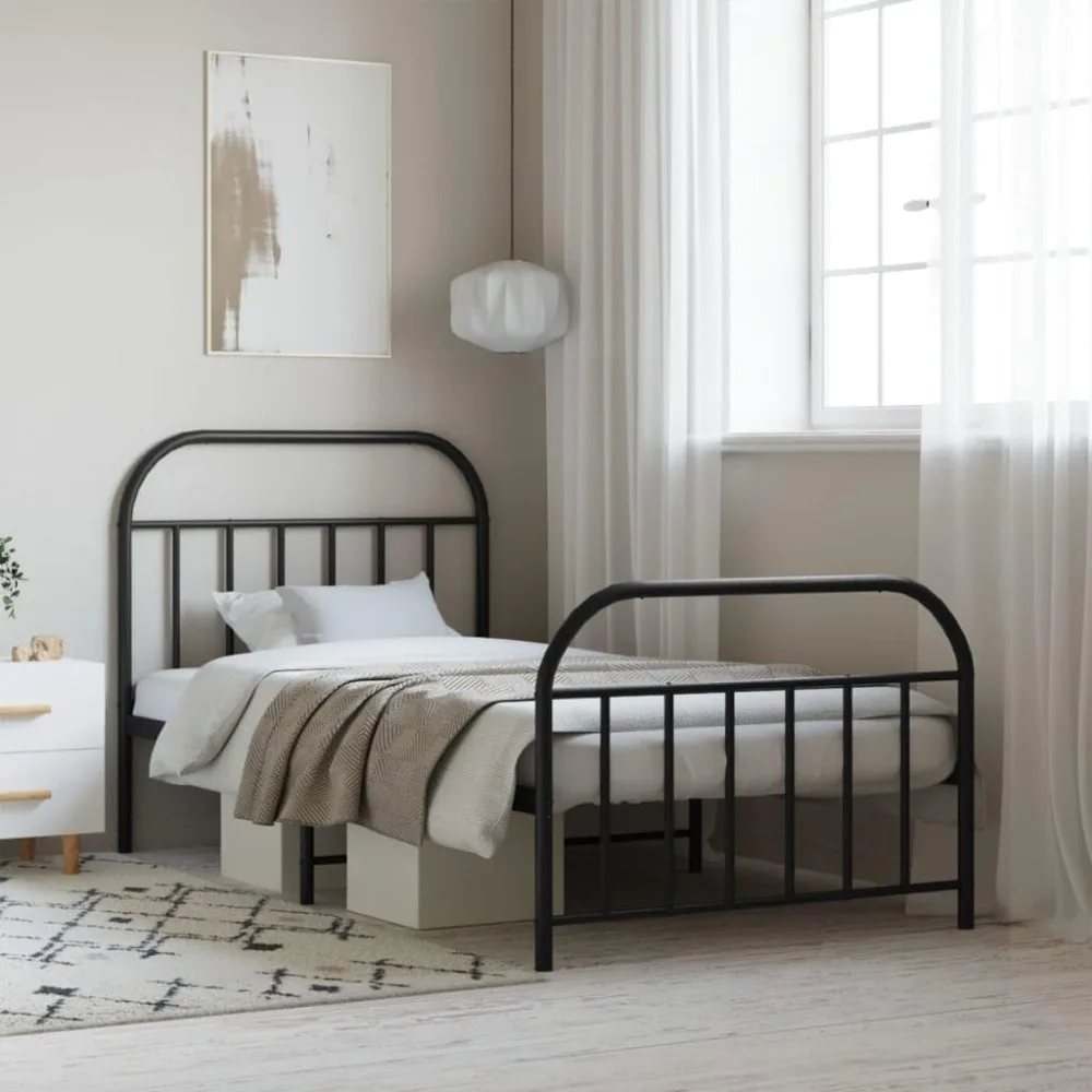 Estructura de cama de metal con cabecero y pie de cama, muebles de dormitorio tradicionales gemelos de acero negro, plataforma para invitados