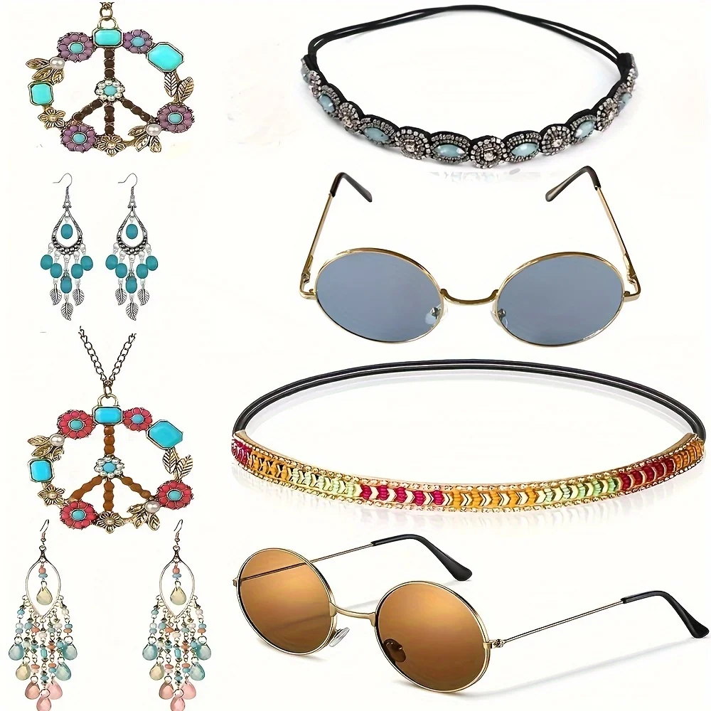 

Набор аксессуаров в стиле хиппи PESENAR 60-х годов, ожерелья с символом мира, серьги, повязки на голову, круглые солнцезащитные очки