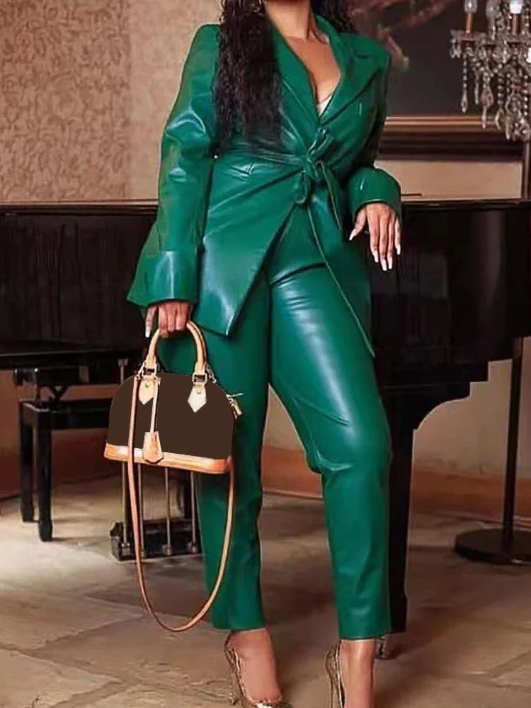 Fall Winter Women Sets PU Leather Notched Lapel Big Size Lace Up PU 2 Piece Outfits Dark Green Faux Leather Jacket Pants Suit