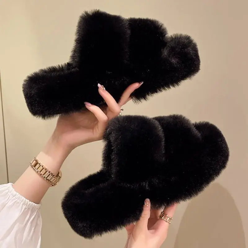 Woman Furry Ladies Fur Luxury Fluffy Plush Slippers House Soft Fuzzy Platform Indoor Casual Winter Home Warm High Heels Female