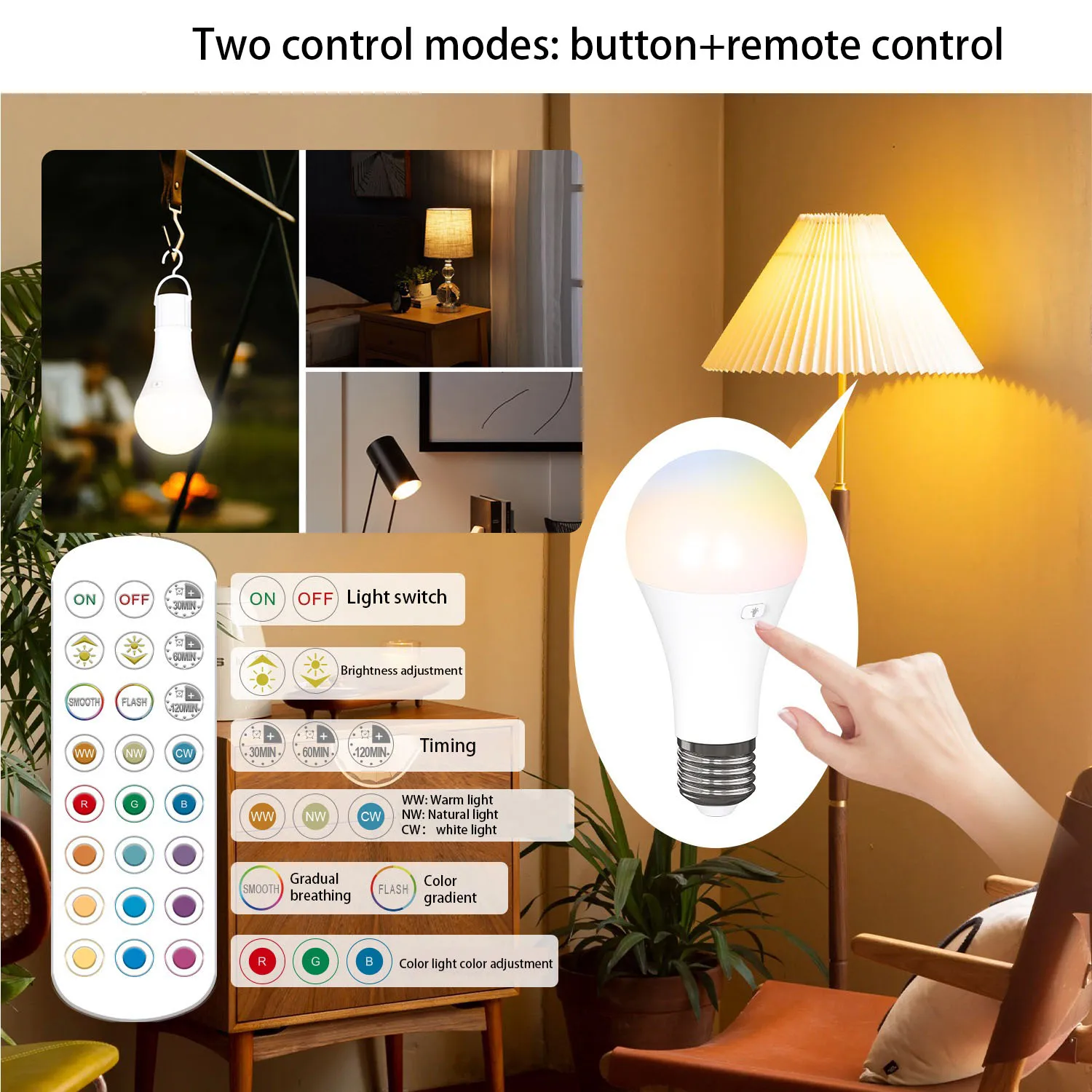 Rechargeable Battery Operated A19 Light Bulb with Remote Control Dimmable, 15 Colors Selectable & 3 Timer, Non-Hardwired