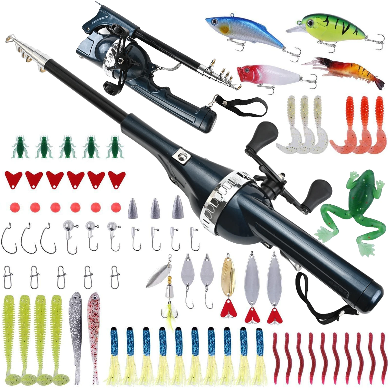 

Portable Folded Fishing Rod Reel Combos One-Piece 1.31m Casting Sea Fishing Telescopic Pole with 78pcs Baits Accessories Box Kit