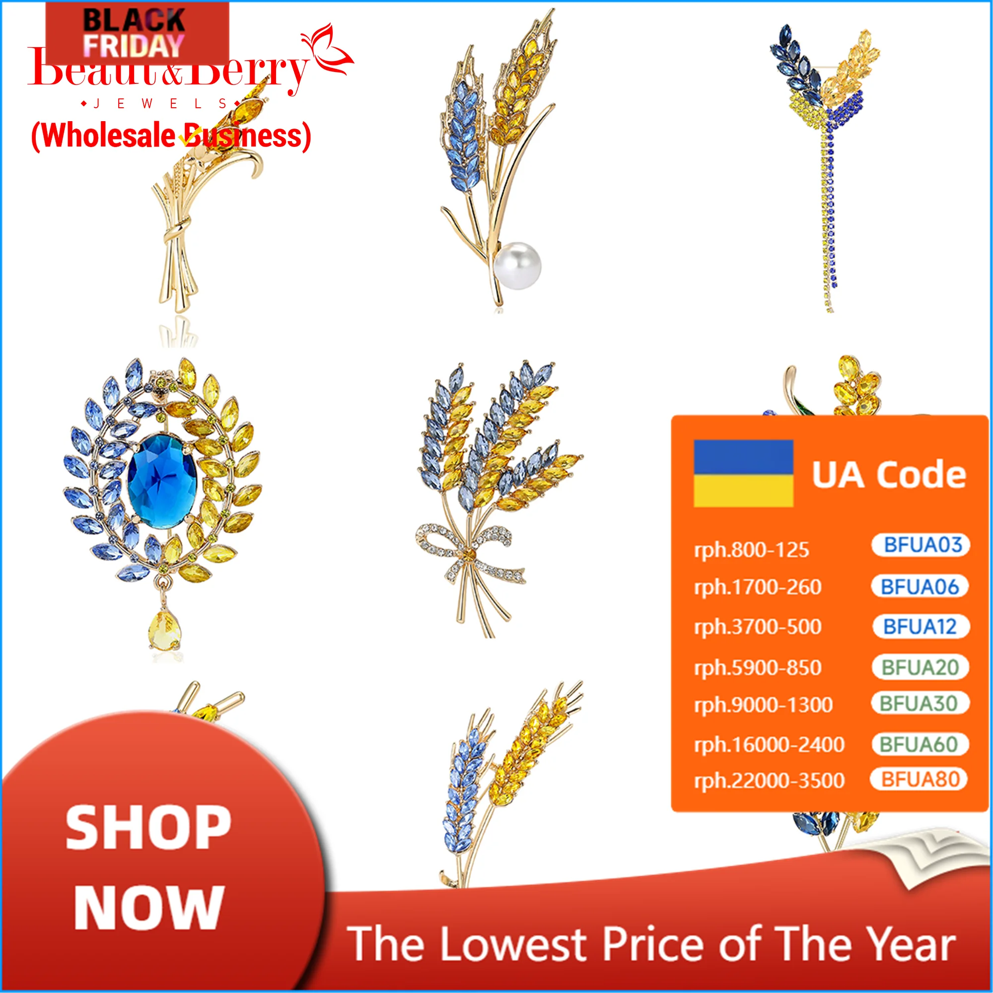 Beaut&Berry Ear of Wheat Brooches for Women Rhinestone Blue and Yellow Plant Pins 5-Color Unisex Casual Accessories Gifts