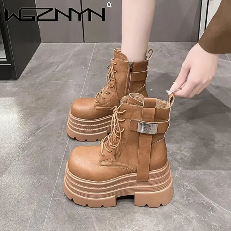 New Women Goth High Platform Ankle Boots Winter Warm Fur Chunky Snow Shoes Lace-up Sneakers Woman Leather Motorcycle Botas Mujer