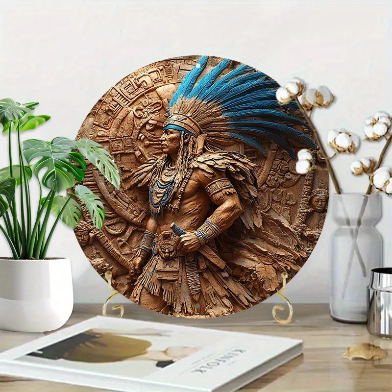 1 قطعة Aztec Warrior 8 بوصة جولة الألومنيوم جدار الفن ، علامة معدنية مقاومة للماء ، قابلة لإعادة الاستخدام الرجعية ازتيك التقويم ديكور للمنزل ، بار ، مقهى