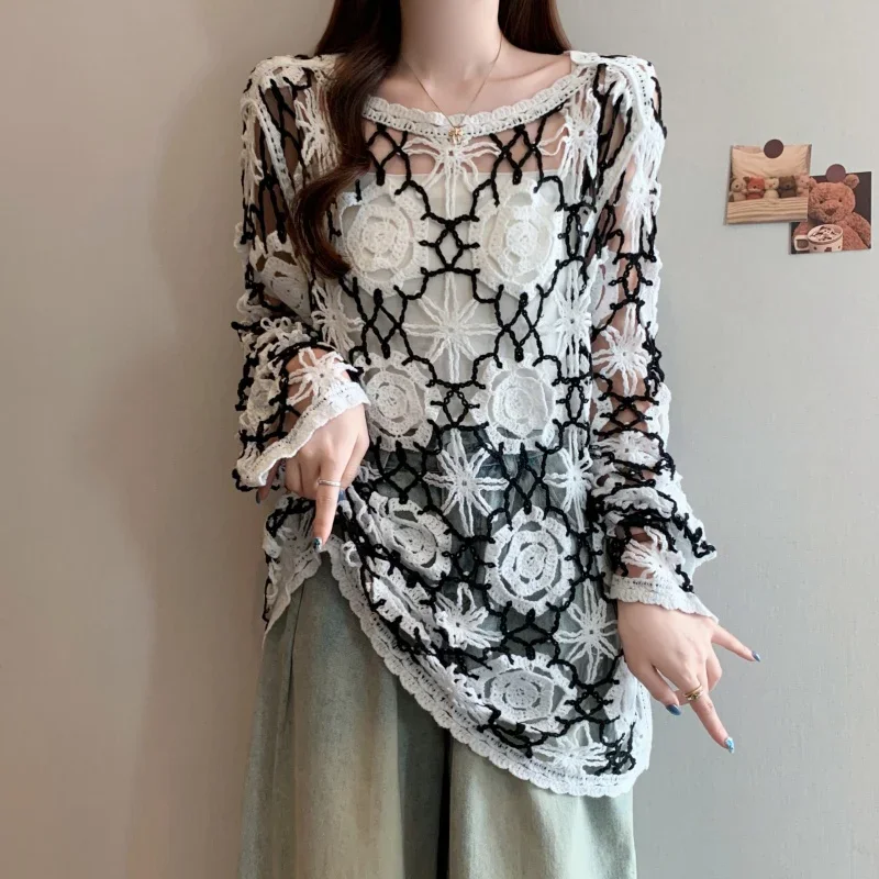 Suéter de malha de crochê com margaridas, manga longa, transparente, malha aberta, pulôver para mulheres, adolescentes, saída boho, roupa de praia