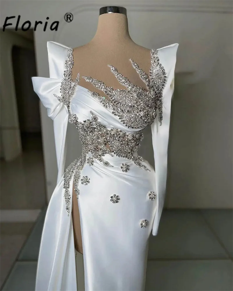 White Dubai Women Mermaid Wedding Dresses with Sweep Train Long Sleeves Beaded Crystal High Slit Brides Dress Celebrity Party