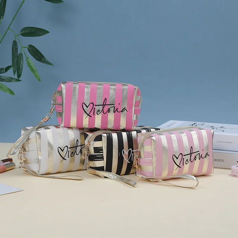 Women's Fashionable Cosmetic Bag Striped Handheld Portable Makeup Bag Korean Sweet Cool Personalized Waterproof  Storage Bags