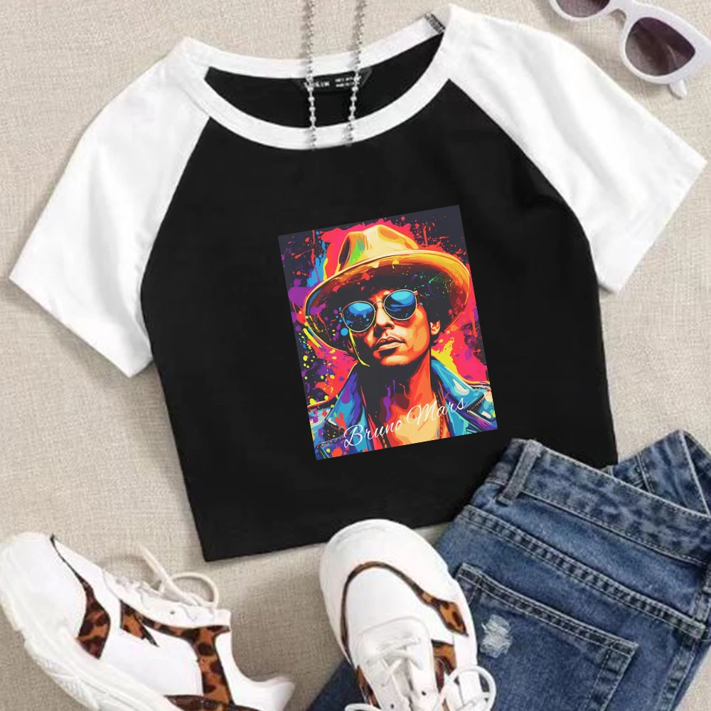 Bruno Mars World Tour 2024 Crop Tops T-Shirt Girls Super-short Printing Music Fans Gift Regular O-Neck Short Sleeves Fashion