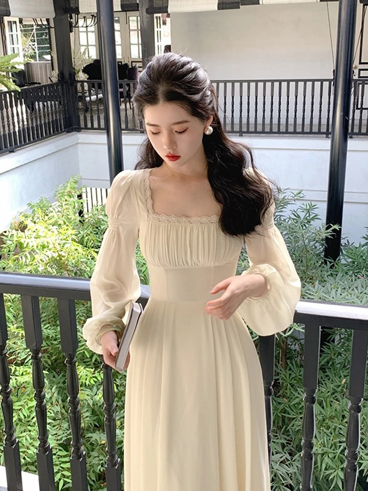 2023 Spring French Elegant Solid Midi Dress Woman Long Sleeve Fairy Party Dresses Casual One Piece Dress Korean Female Fashion