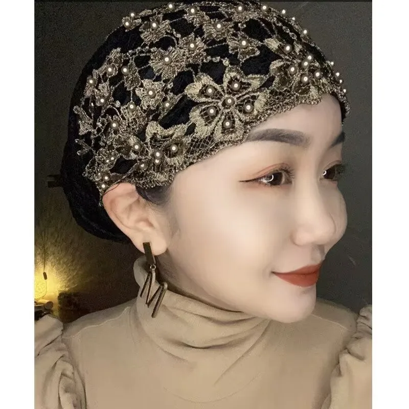 Cappello turbante con perline in pizzo cappello da donna musulmano con foulard pronto da indossare hijab interni traspiranti berretto estivo da donna