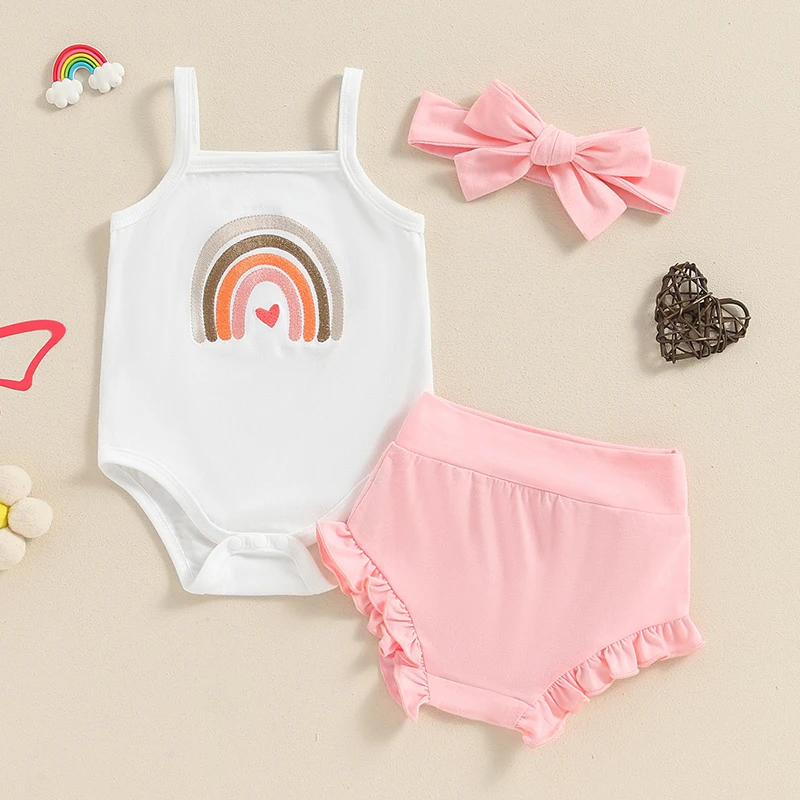 Baby Girl Summer Clothes Rainbow Embroidery Sleeveless Romper and Elastic Ruffle Shorts Headband Set 3 Piece Outfits