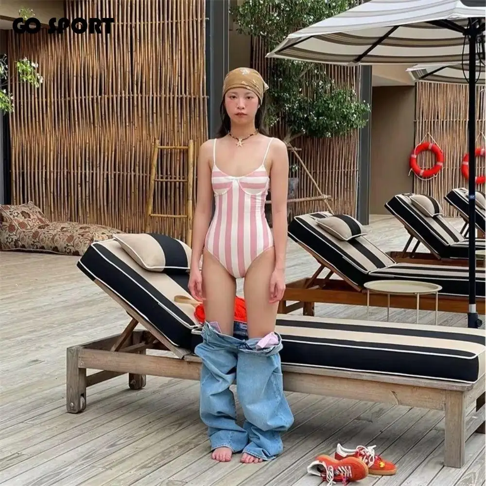 

Retro Stripe Women Swimming Suit Pink Striped Belly Cover Up Girls Swimwears Hot Spring Chest Gathered Sports Swimsuit Summer