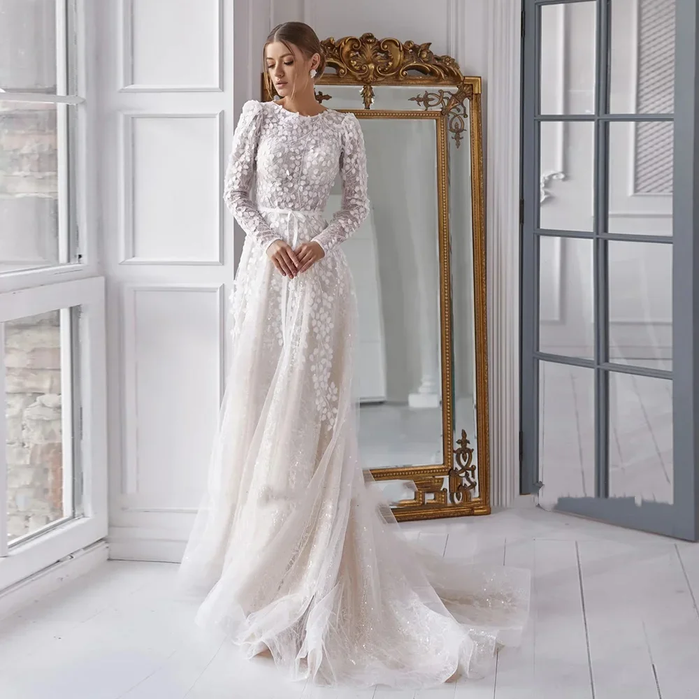 Suknia Ślubna Długa z Długim Rękawem Luksusowa Koronkowa Aplikacja Tren Sweep Linia A Brokatowa Suknia Ślubna dla Kobiety Robe De Mariee