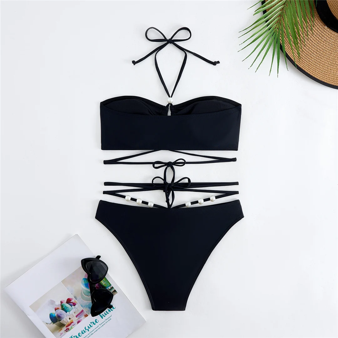 Perlenbesetzter Wickel-Bikini mit Rock, Damen-Badeanzug, dreiteiliges Bikini-Set, Badebekleidung, Badeanzug, Modell V6098 – Detail 15