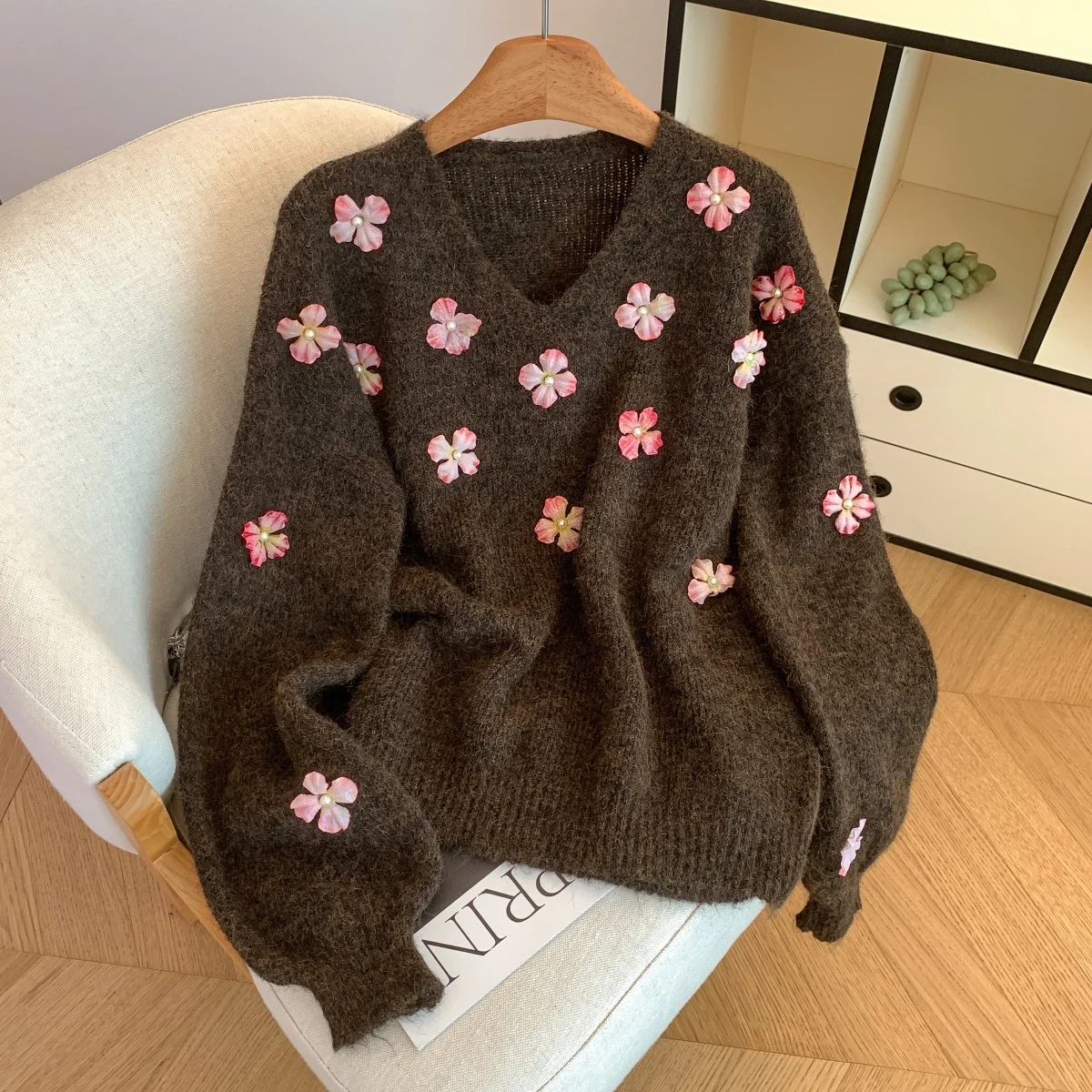 

Women 3D Floral Pullover Korean Sweater Vintage 2000s Y2k Jumper Knitwear Long Sleeves V-Neck Hollow Sweater Spring Autumn 2025