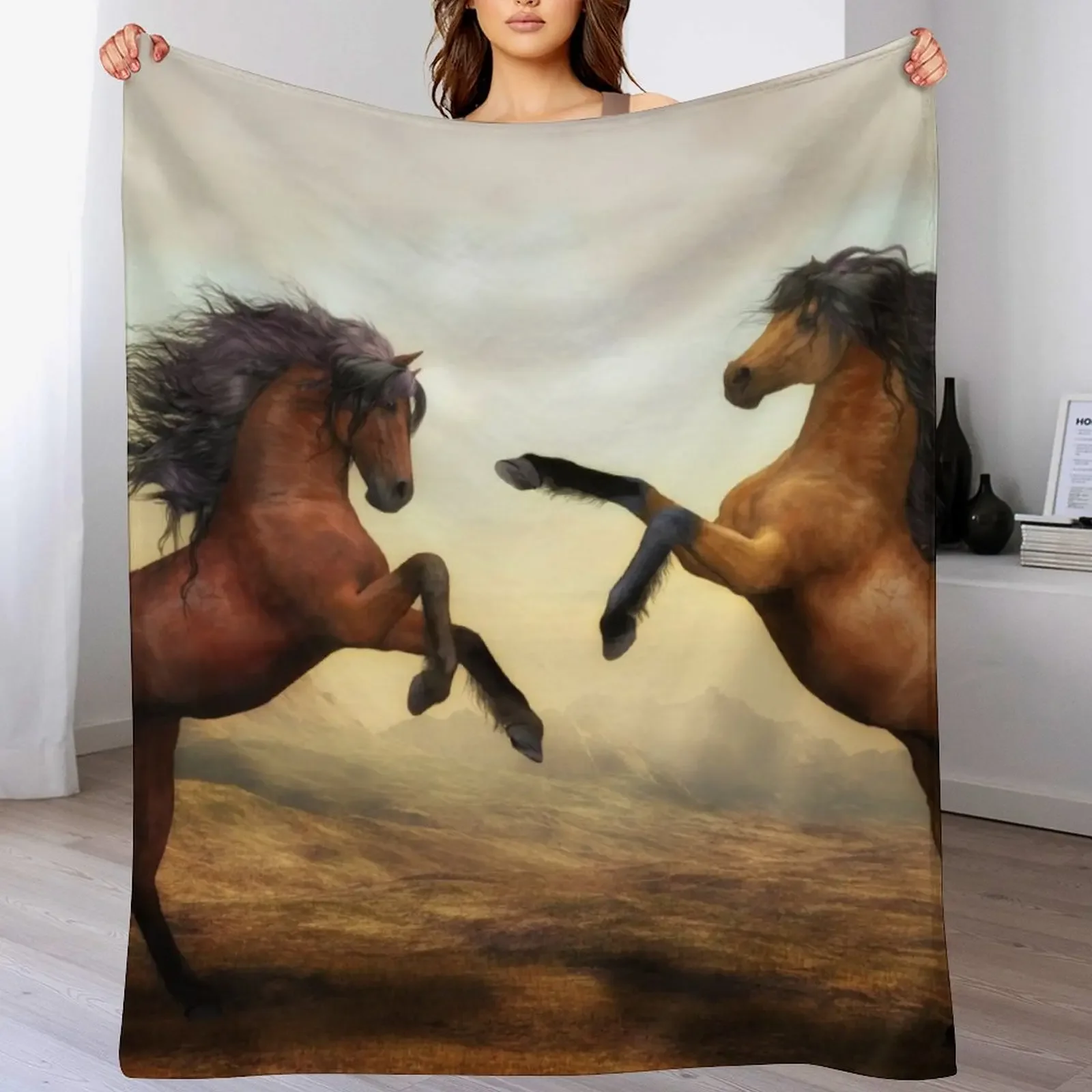 

Wild Horses Animals Stallion Artistic Painting Artwork Throw Blanket For Sofa Thin Shaggy Hairy Blankets