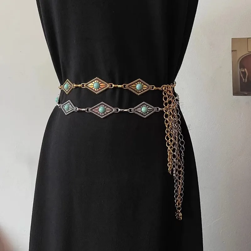 Fashion Women Metal Chain Retro Belt Popular Trend Bohemian style Belt for Dress Trousers Sweater Suit Pants Decorative