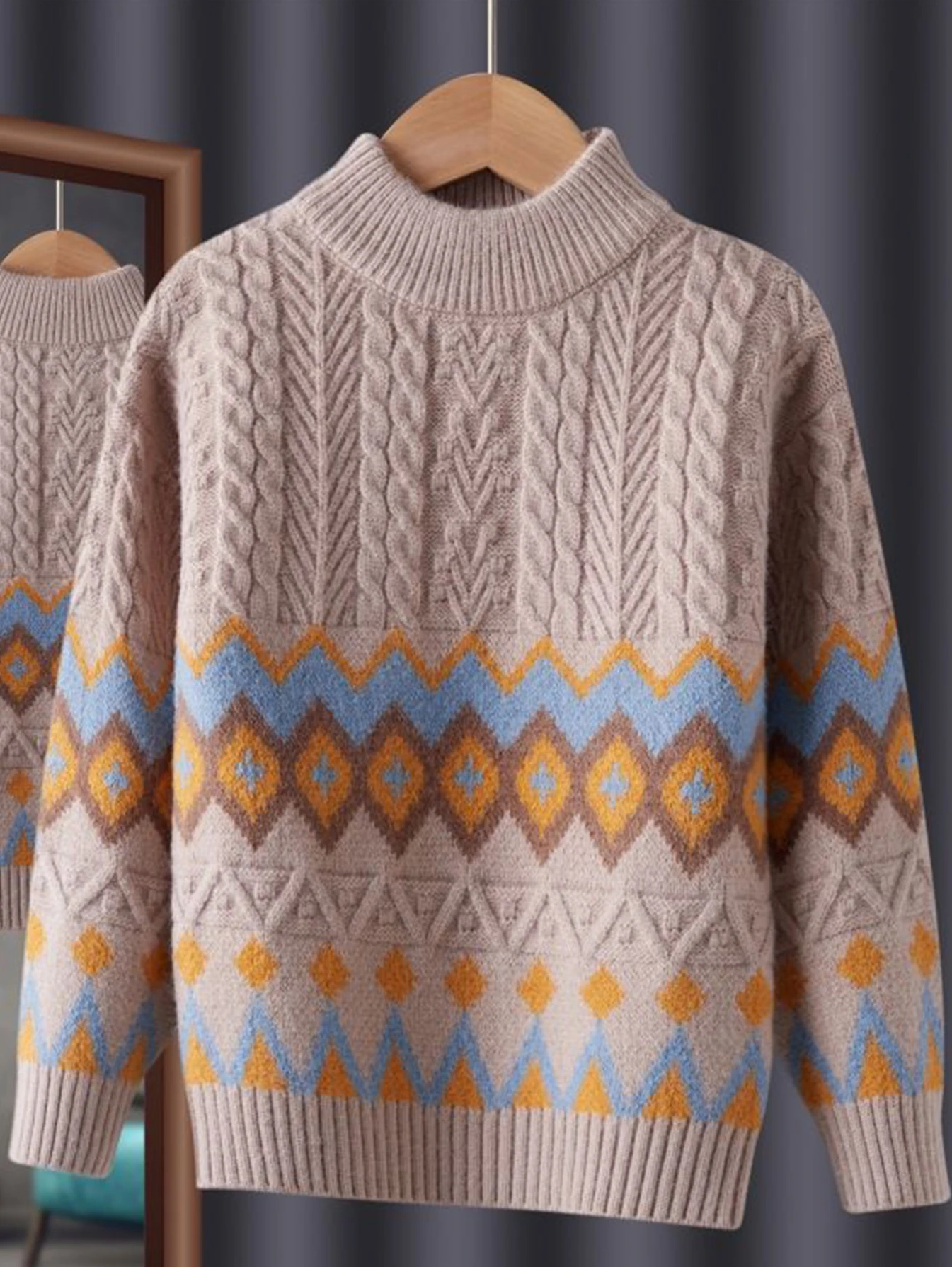 Boys' Thickened Cable Knit Sweater - Stylish Argyle Pullover for Fall & Winter, Warm Top for Big Kids