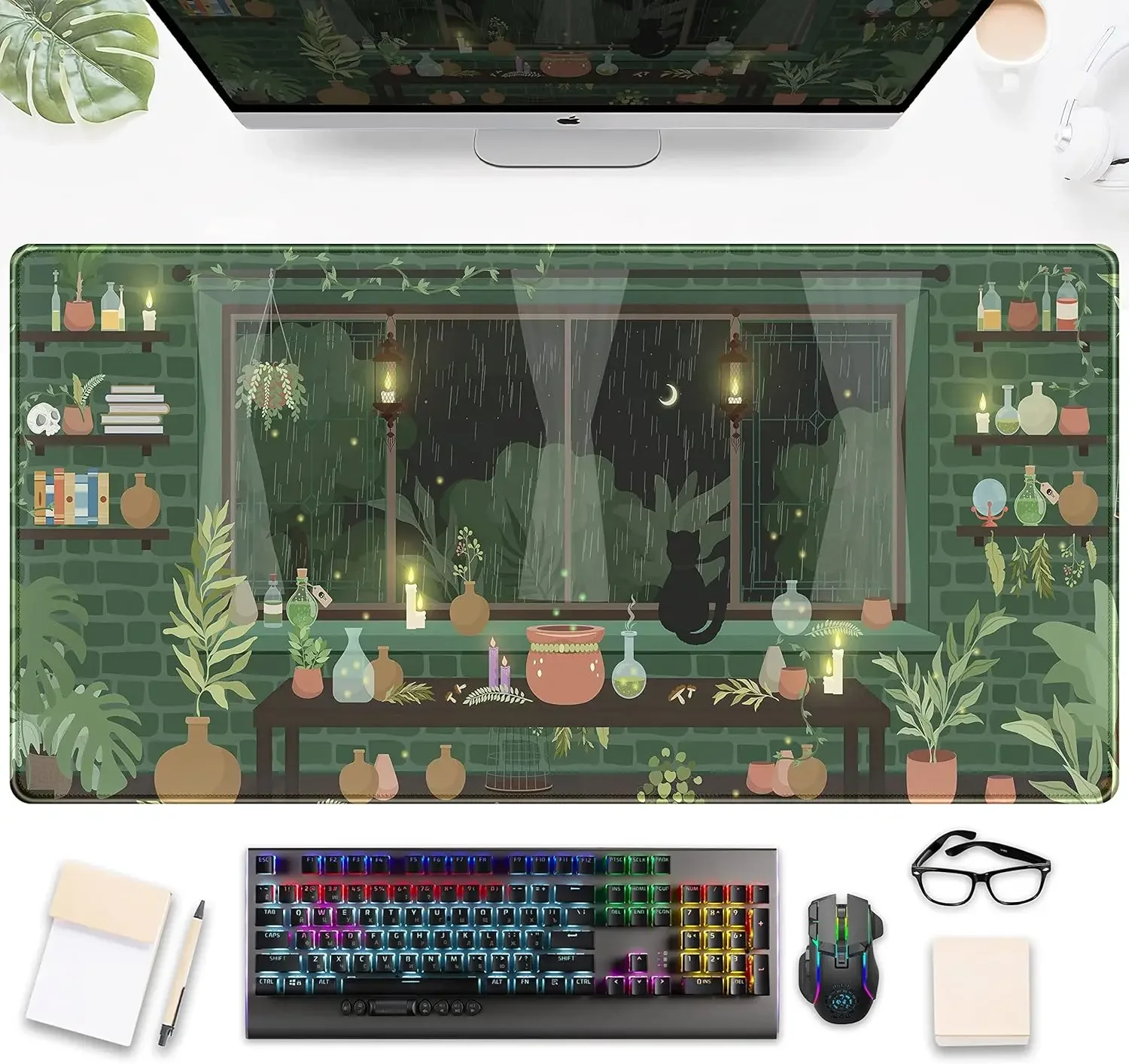 Alfombrilla de escritorio con plantas verdes de noche lluviosa, alfombrilla de ratón grande Kawaii de gato negro de Anime, luciérnagas de luz de luna, regalos para el hogar
