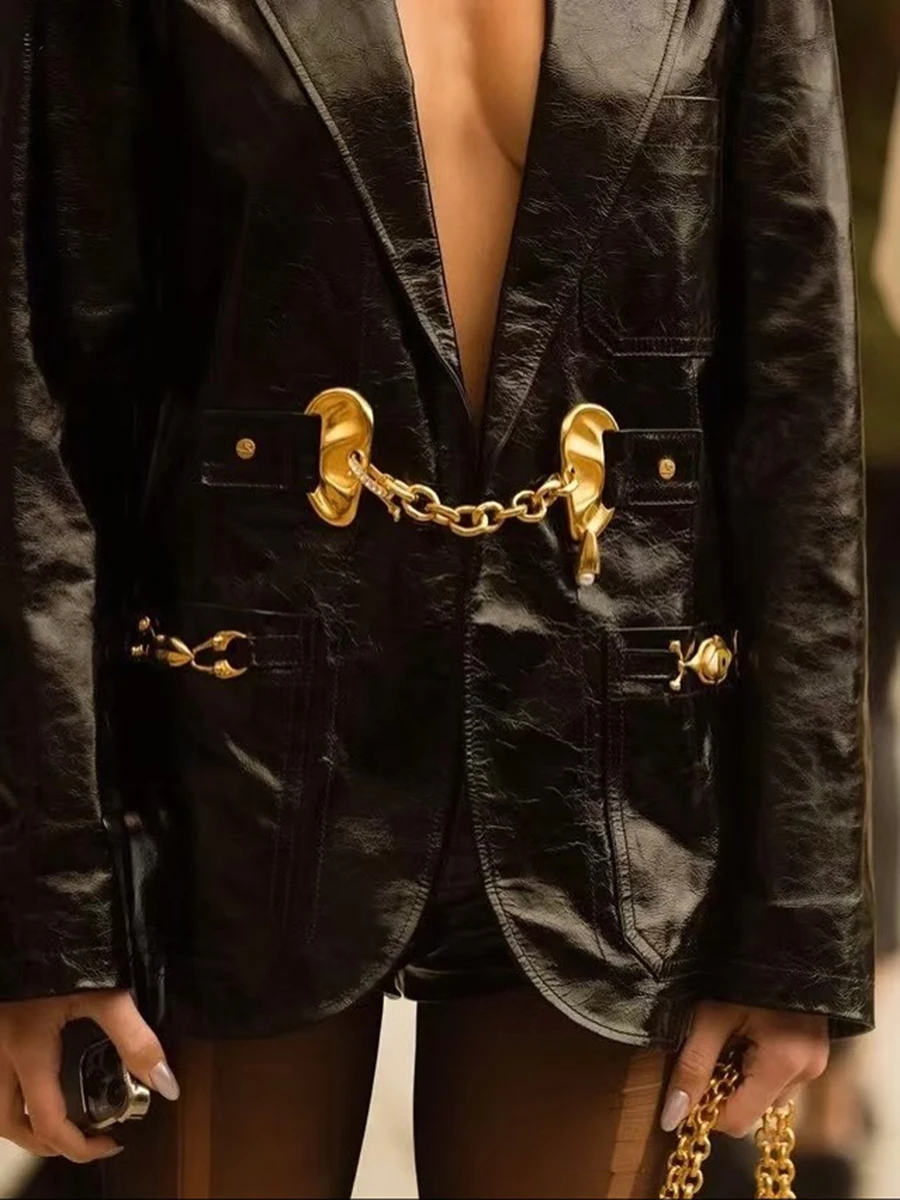 TWOTWINSTYLE الصلبة فضفاضة تقسم مطرزة سترات الموضة للنساء التلبيب طويلة الأكمام المرقعة جيوب سترة جلدية الإناث