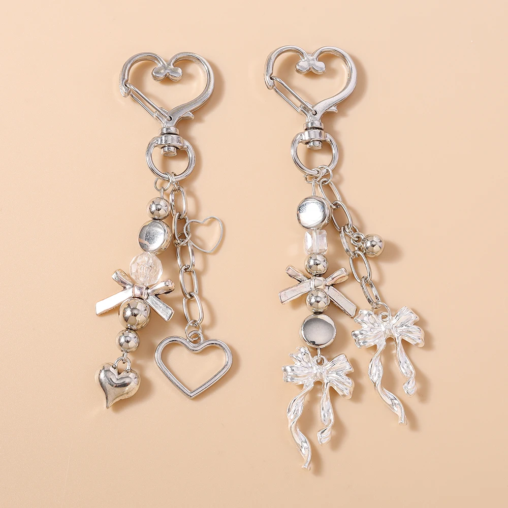 Cute Alloy Bowknot Keychain Women Girls Love Heart Key Ring Pendants for Handbag Decor DIY Jewelry Gift