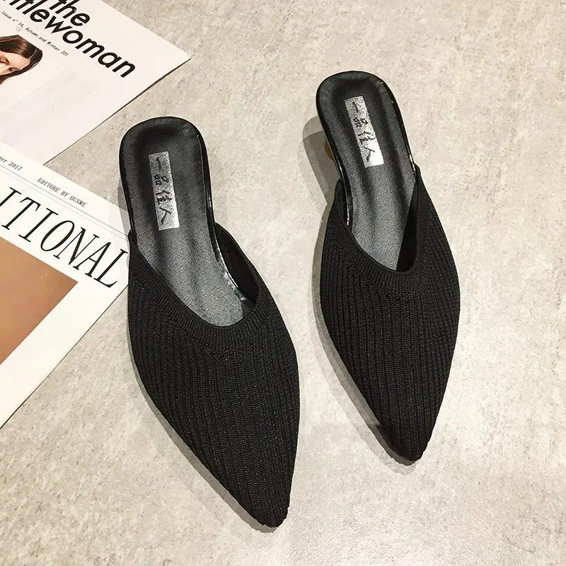 2025 الصيف النساء أصفر أسود محبوك الشرائح البغال جديد أنيق شبكة تنفس ميد كعب النعال مغلقة تو الشرائح أحذية الحفلات #4