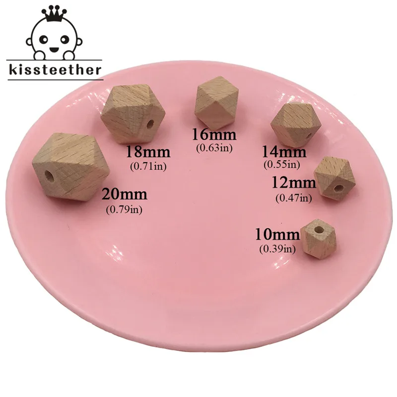 Cuentas de madera de haya de 40 piezas, abalorios de madera hexagonales geométricos naturales sin terminar de 16mm para mordedor de bebé DIY