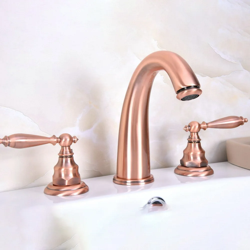 

Antique Red Copper Brass Deck Mounted Dual Handles Widespread Bathroom 3 Holes Basin Faucet Mixer Water Taps mrg065