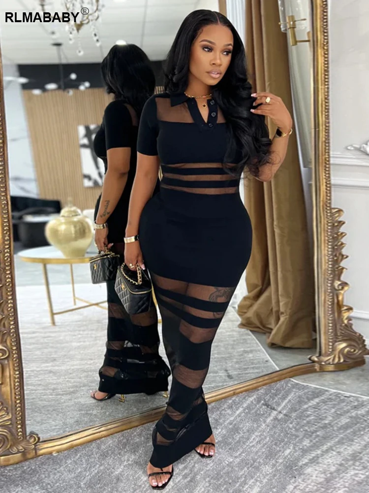RLMABABY Sexy Sheer Mesh Gespleißt Frauen Lange, Figurbetontes Kleid Umlegekragen Kurzarm Taste Patchwork Casual Mantel Maxikleid