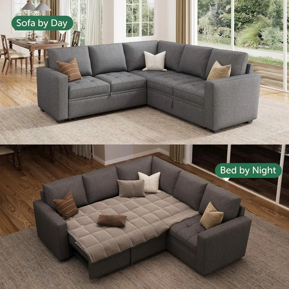 Modular Sectional Sleeper Sofa with Pull Out Bed, Linen Convertible L Shaped Sectional Couch with Storage Seat,Sectional Couches