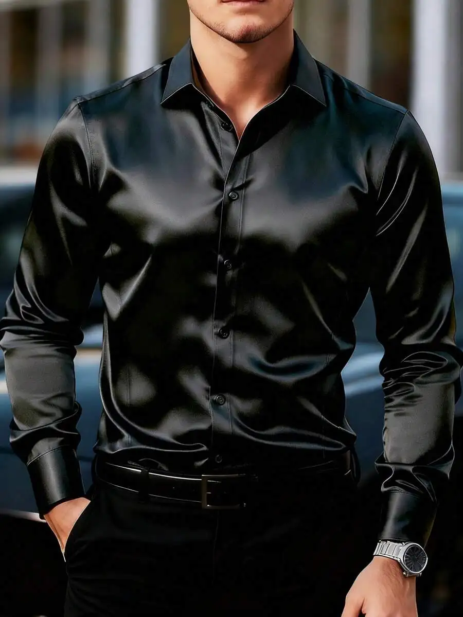 

Men's Satin Long Sleeve Dress Shirt - Black, Business Casual, Slim Fit