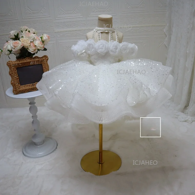 Children Sweet Princess Style White Off Shoulder Tulle Floral Sequin Elegant Tutu Girls Birthday Celebration Runway Gown Clothes