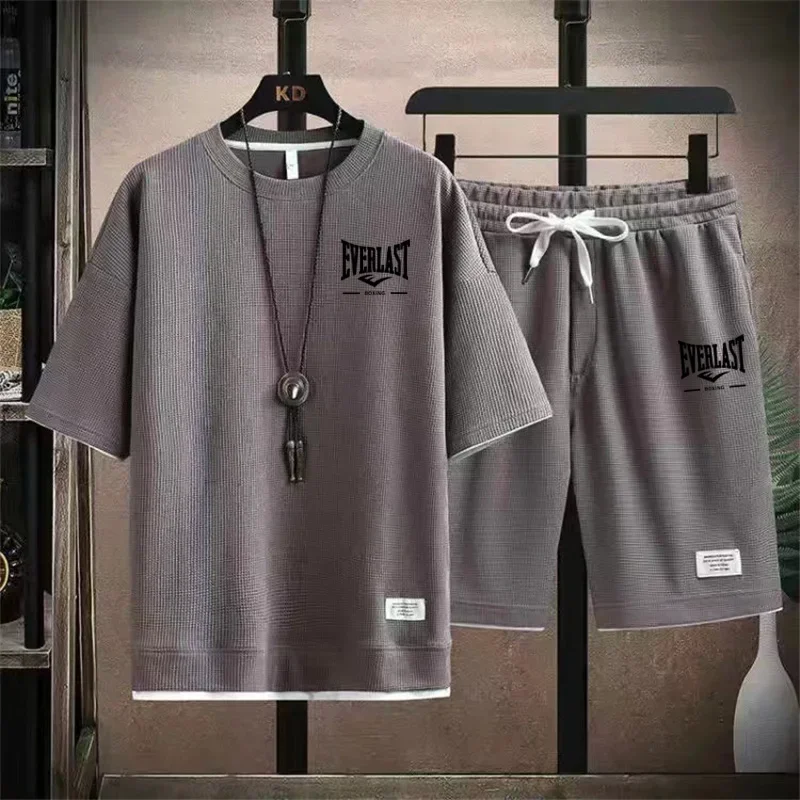 

New Waffle Summer Casual T Shirt Shorts Set Men's Sportswear Youth Loose Tracksuit Breathable Gym Fitness Outfit 2 Piece Clothin