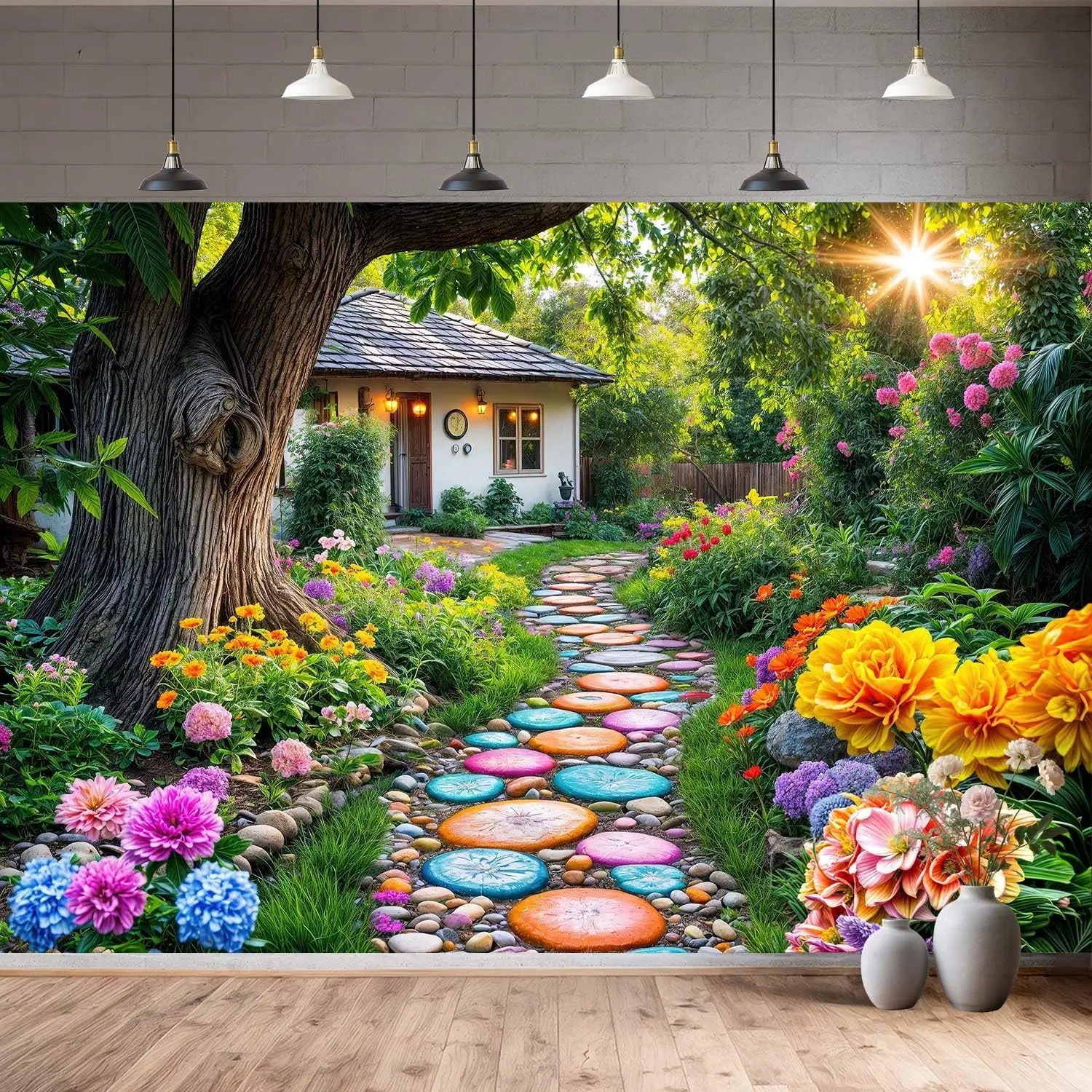 Vintage Cottage Garden Floral Landscape Tapestry Wall Hanging Art Print for Living Room Home Decor Spring Nature Scene Wall Art