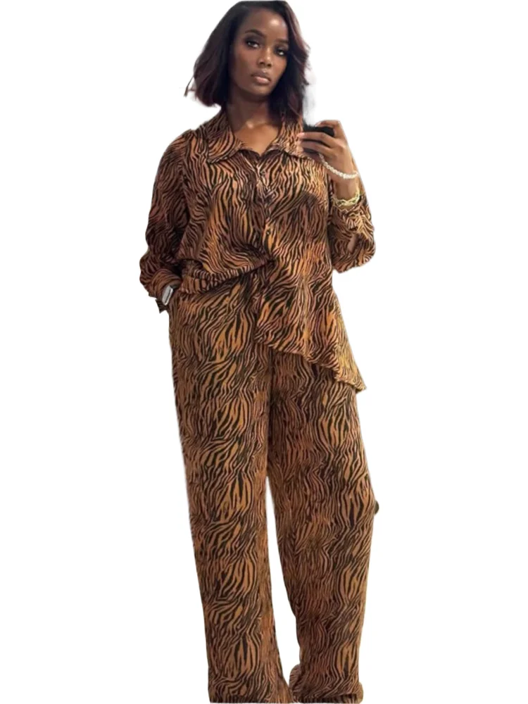 

Women's Autumn Pants Sets Commuting 2 Piece Set Fashion Clothes Shirts Top And High Waist Wide Leg Pants Printed Vintage Outfit