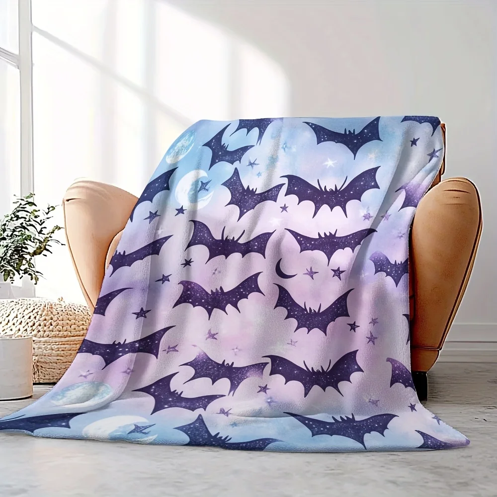 

1pc Cozy Halloween Night Sky Bats Printed Throw Blanket - Lightweight and Plush Flannel Blanket with Purple, Pink, and Blue Bat